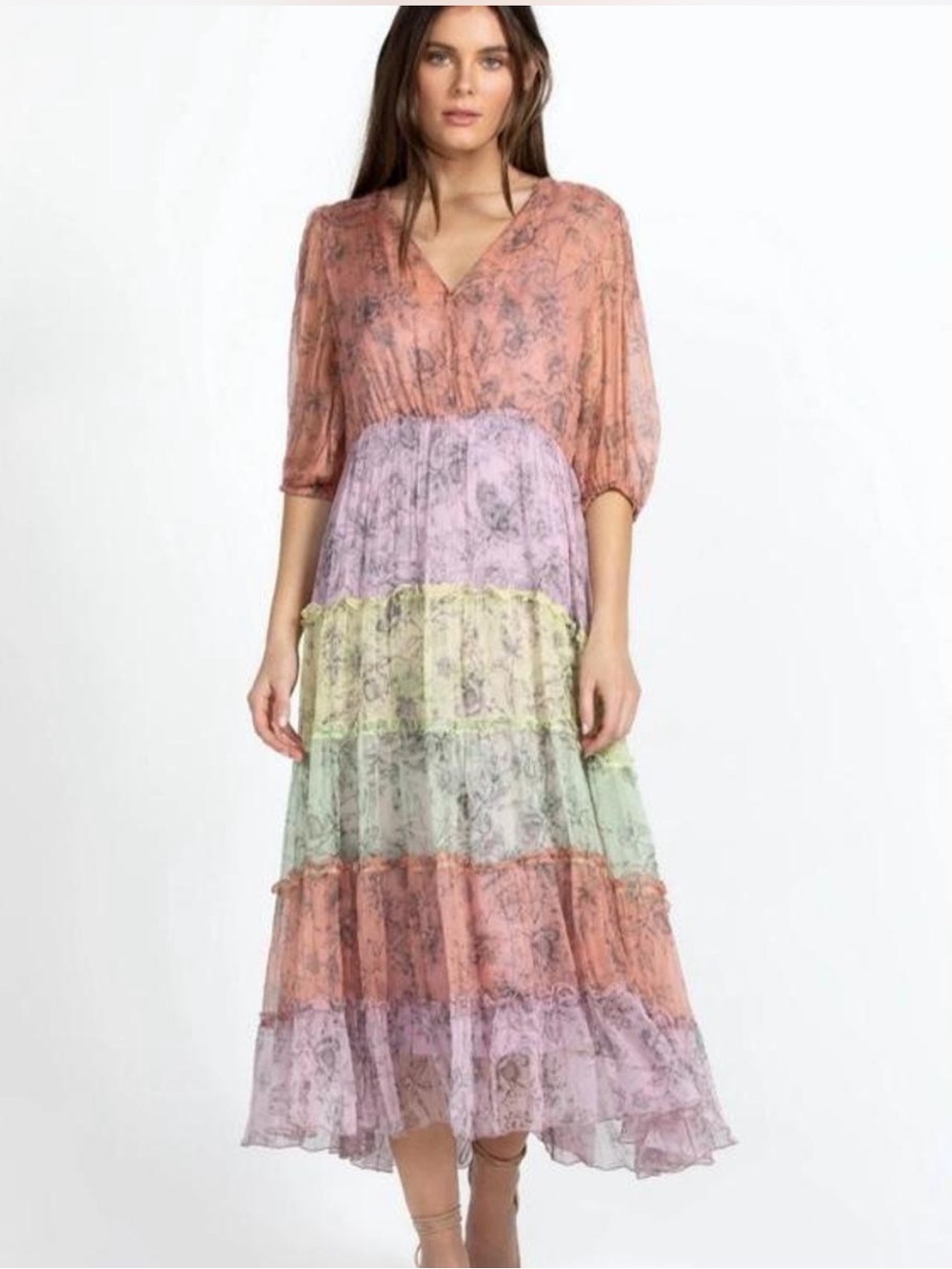 JOHNNY WAS LIZA PASTEL MULTI COLOR 100% SILK MIDI DRESS WITH SLIP SIZE LARGE